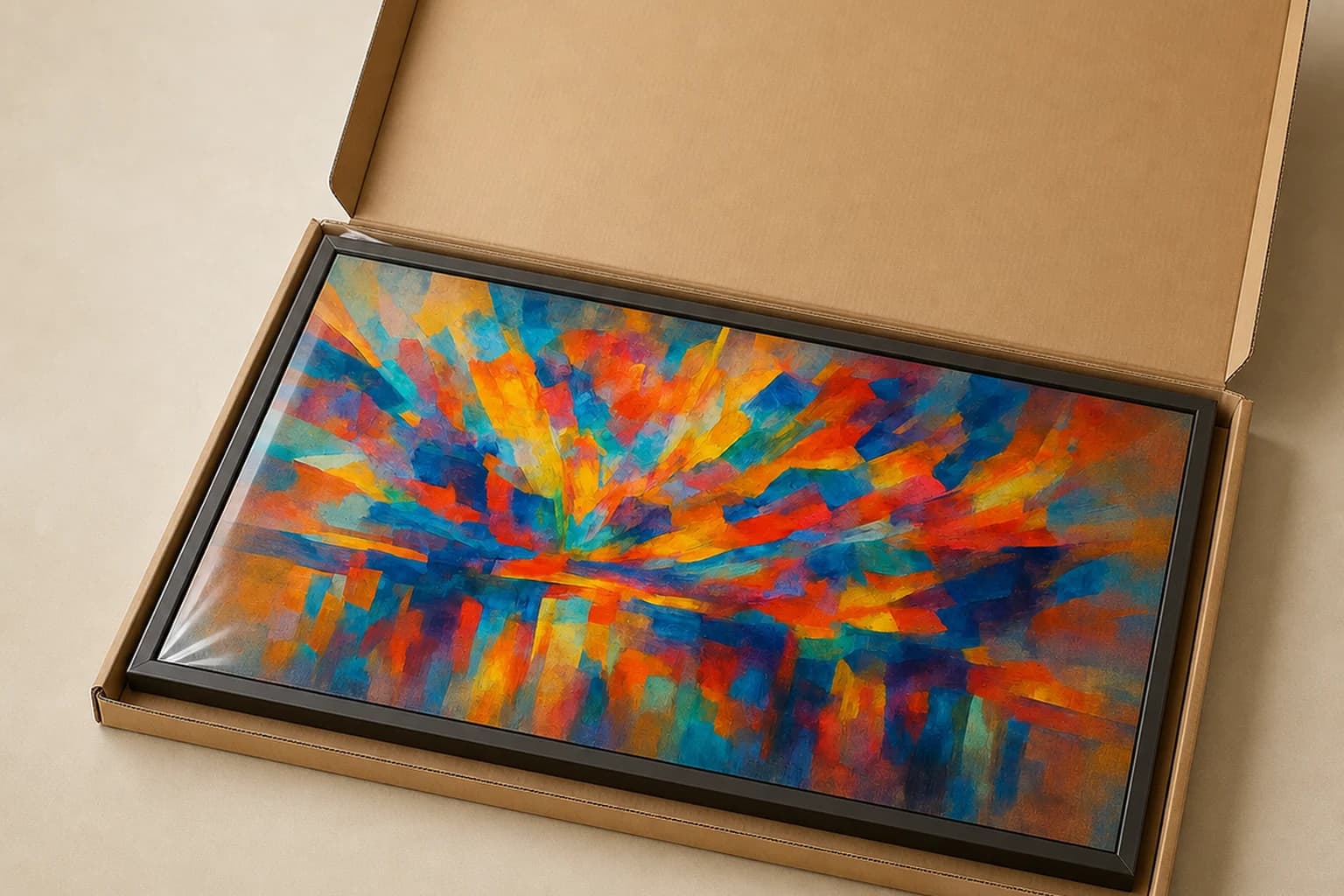 A PopFrame canvas in a floating frame, hung above a sofa in a living room